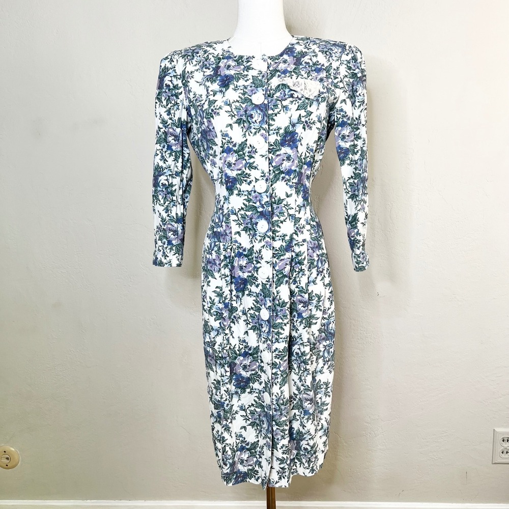 Vintage Jonathan Martin Knee Length Dress Floral Button Front Sz 7/8 White‎ Blue